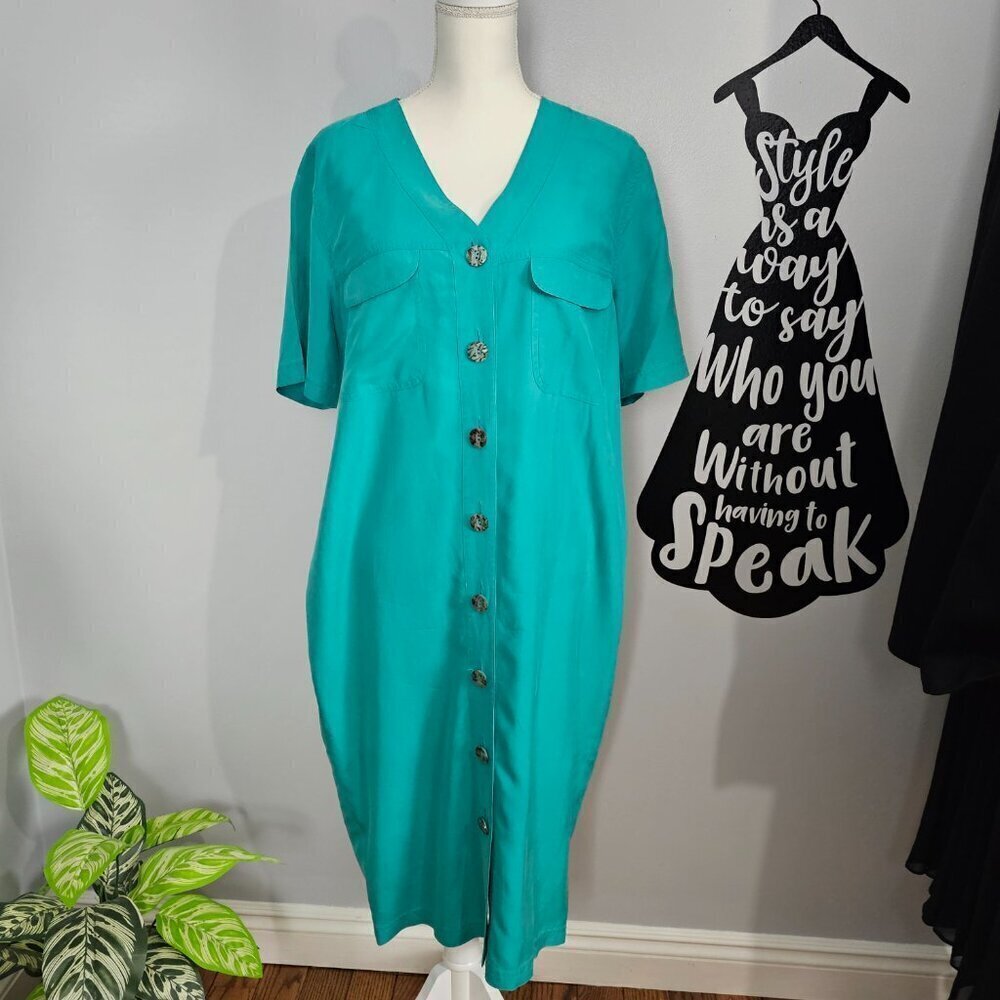Victoria Soie V Neck Short Sleeve Vintage Silk Button Down Teal Shirt Dress